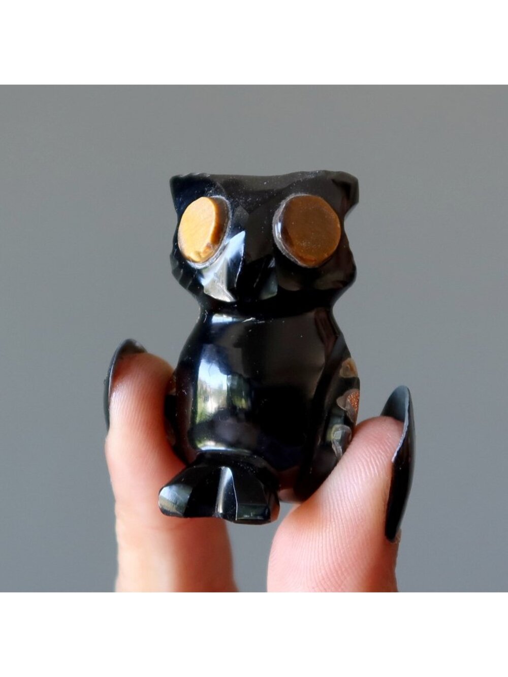 Black Obsidian Owl Animal Brown Tigers Eye Abalone Bird Figurine Goldstone